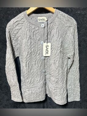 NWT Ladies SAOL L Gray Irish Cable Knit Button-Front Women's Sweater